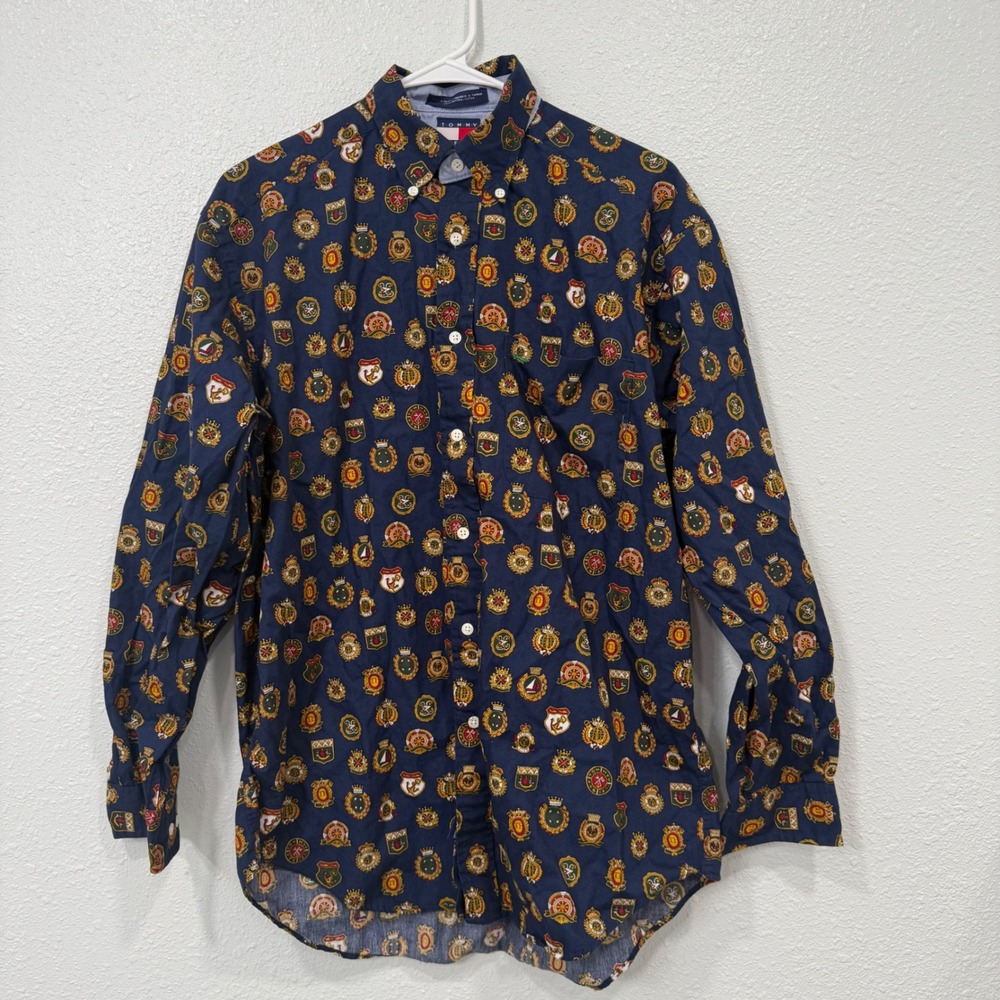 Tommy‎ Hilfiger Mens S Navy Blue Crest Nautical Print Button Down Shirt Cotton